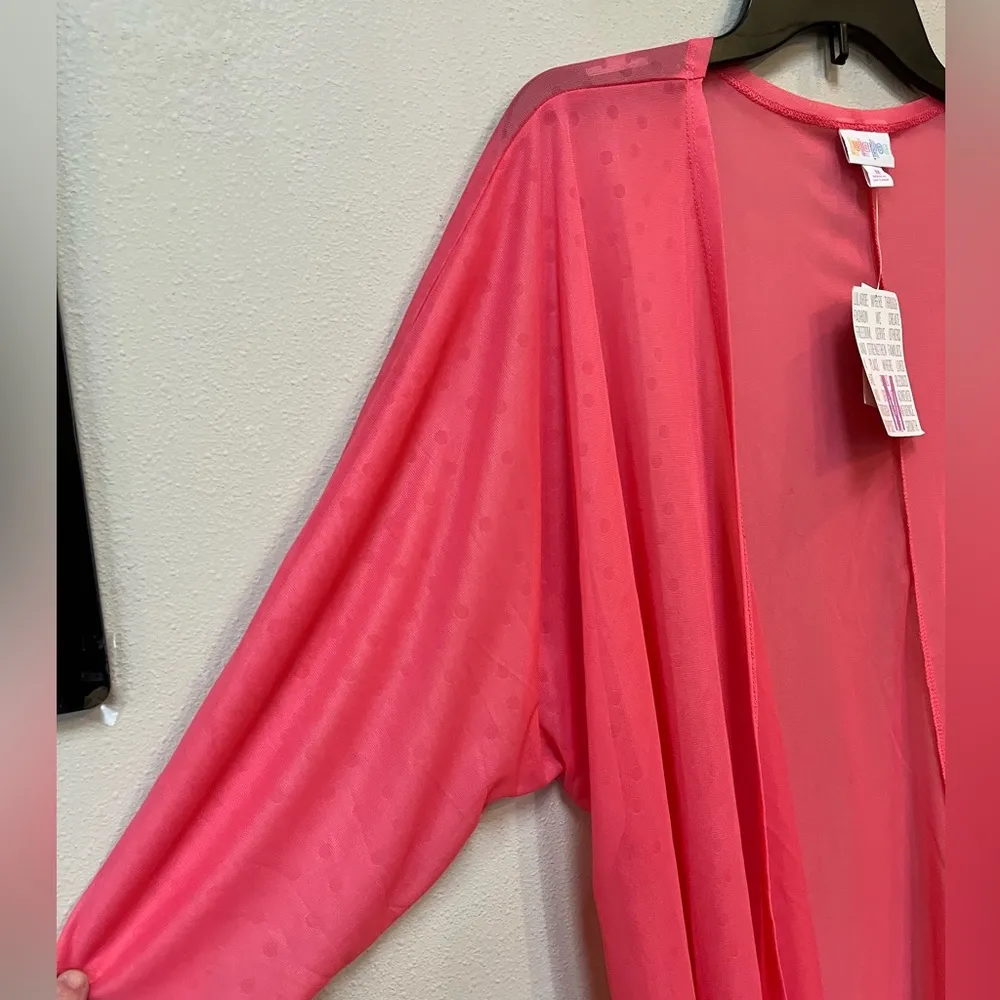 LuLaRoe  Women’s Lindsay Coral Pink Polka Dot Sheer Chiffon Kimono Cardigan M - Image 4