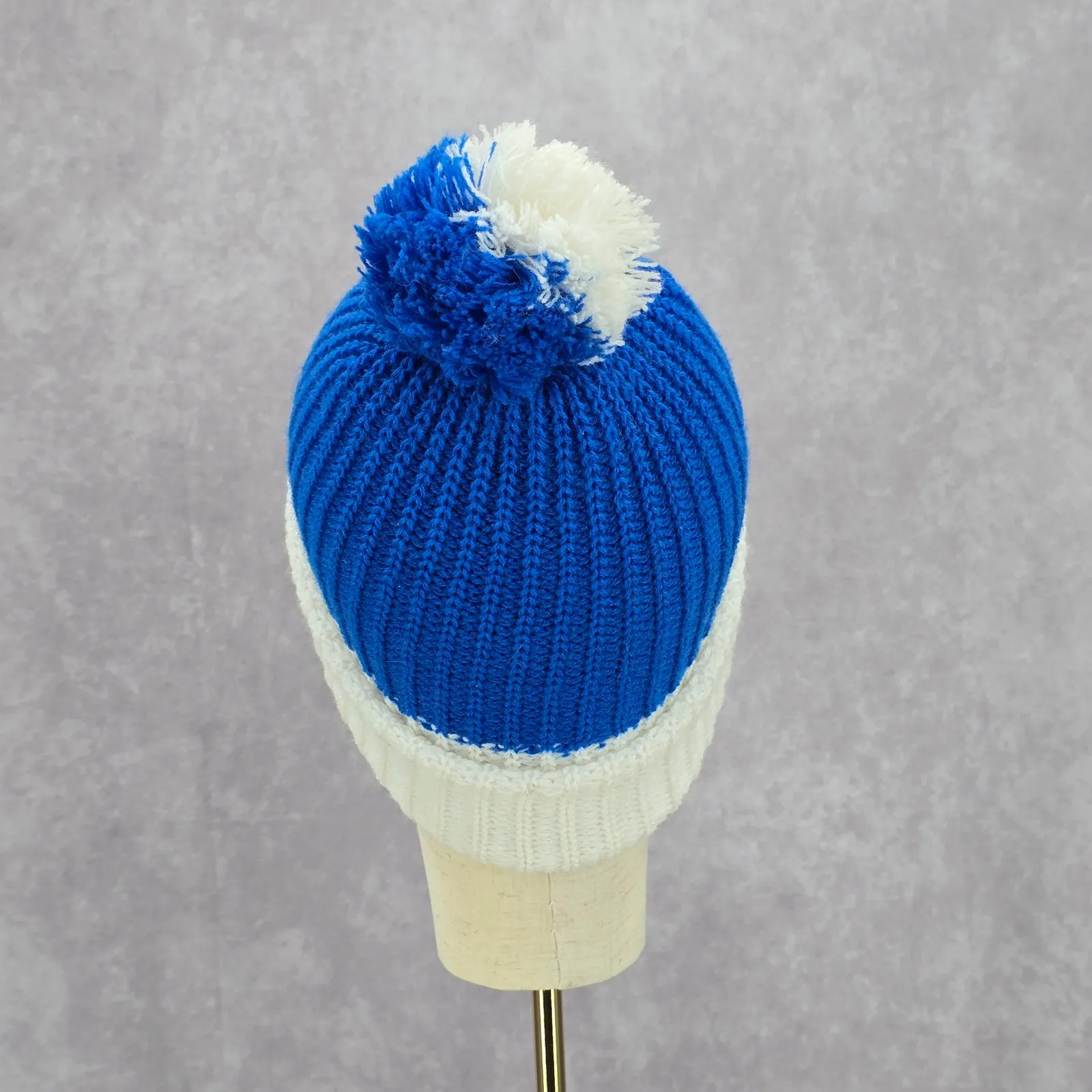 Blue White Pom Pom Crochet Knit Bucket Cap Hat Fun Vintage Y2K Funky Beanie - Image 4