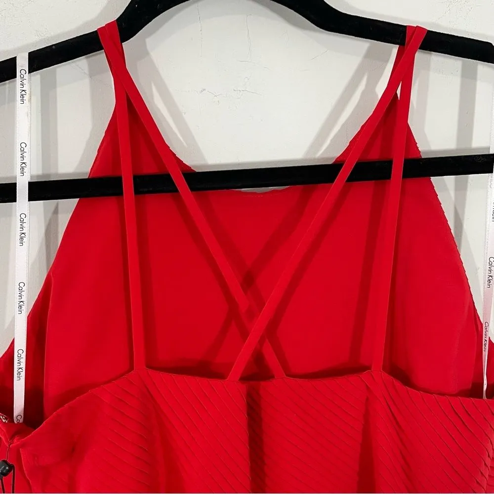 NWT Calvin Klein Pleated Halter‎ Dress in Poppy Red Size 6 Criss Cross Back - Image 3