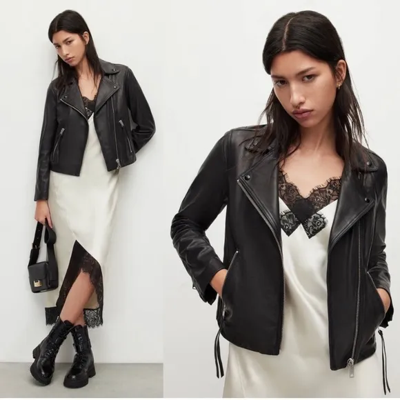NWT AllSaints Dalby Slim Fit Leather Biker Jacket Black Size 4 - Image 2