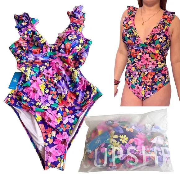 NEW Cupshe SWIMSUIT Women's LG Ruffled One Piece Floral V Neck Lace Up Back NWT - Image 2
