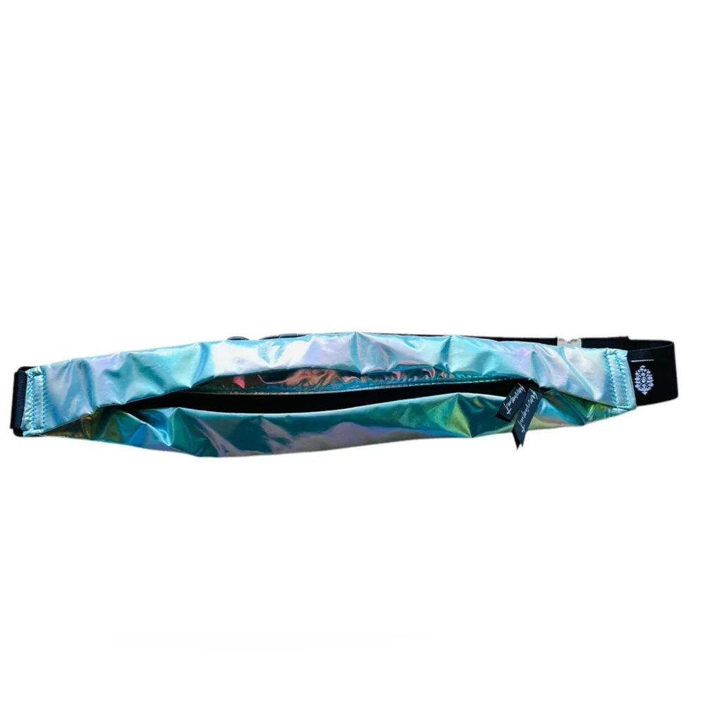 #97 NWOT Free People Slim Fold Runner Bag in Holographic Mermaid Hawaii Blue - Image 5