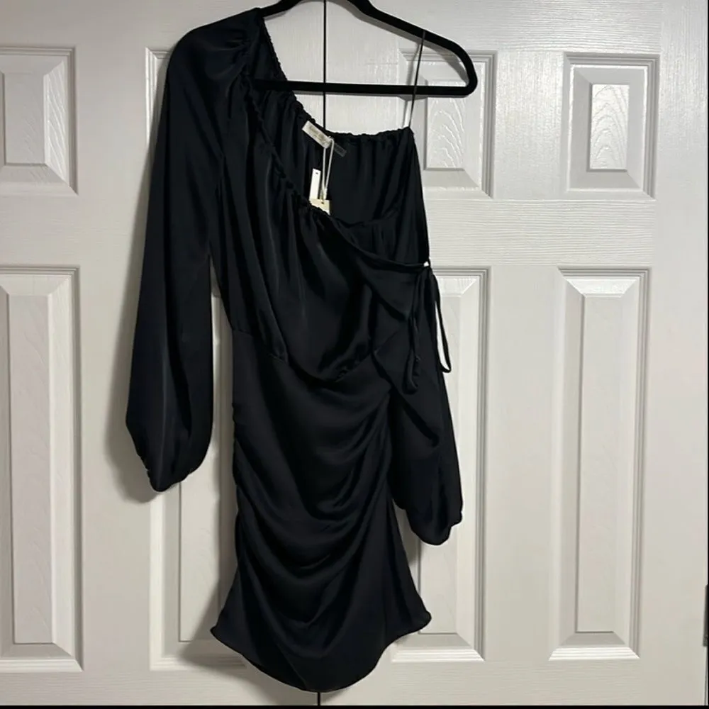 RAMY BROOK Louisa Long Sleeve Black One Shoulder Satin Mini Cocktail Dress Size 4 - Image 2