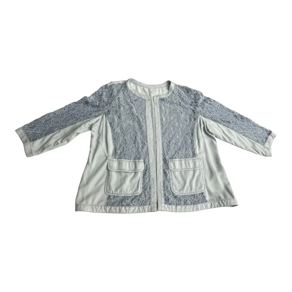 Chicos Blazer Womens 3 US XL Blue Chambray Lace Cut Out Open Front
3/4 Sleeve - Image 8
