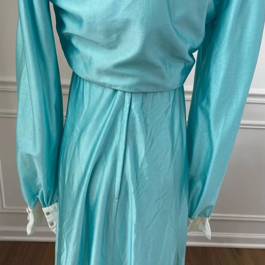 Vintage 60s 70s Turquoise Carol Gowns by Mr Walter 2pc Gown Long Halter Dress XS Blue - Image 14