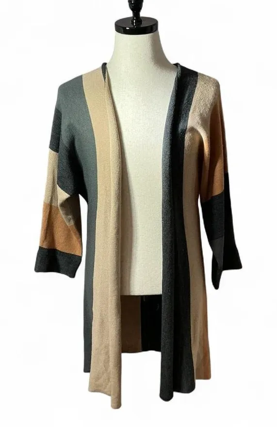 Emberley Striped Duster Cardigan Open Front Gray Tan Brown Casual Size M - Image 1