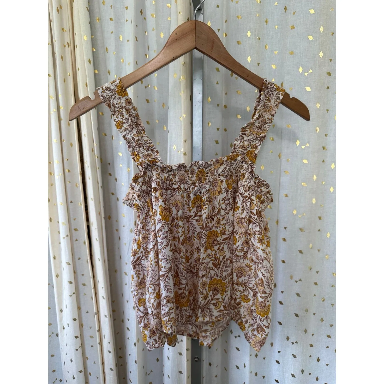 Aqua Quinn Smocked Crinkle Paisley Floral Square Neckline Peasant Tank Top S - Image 2