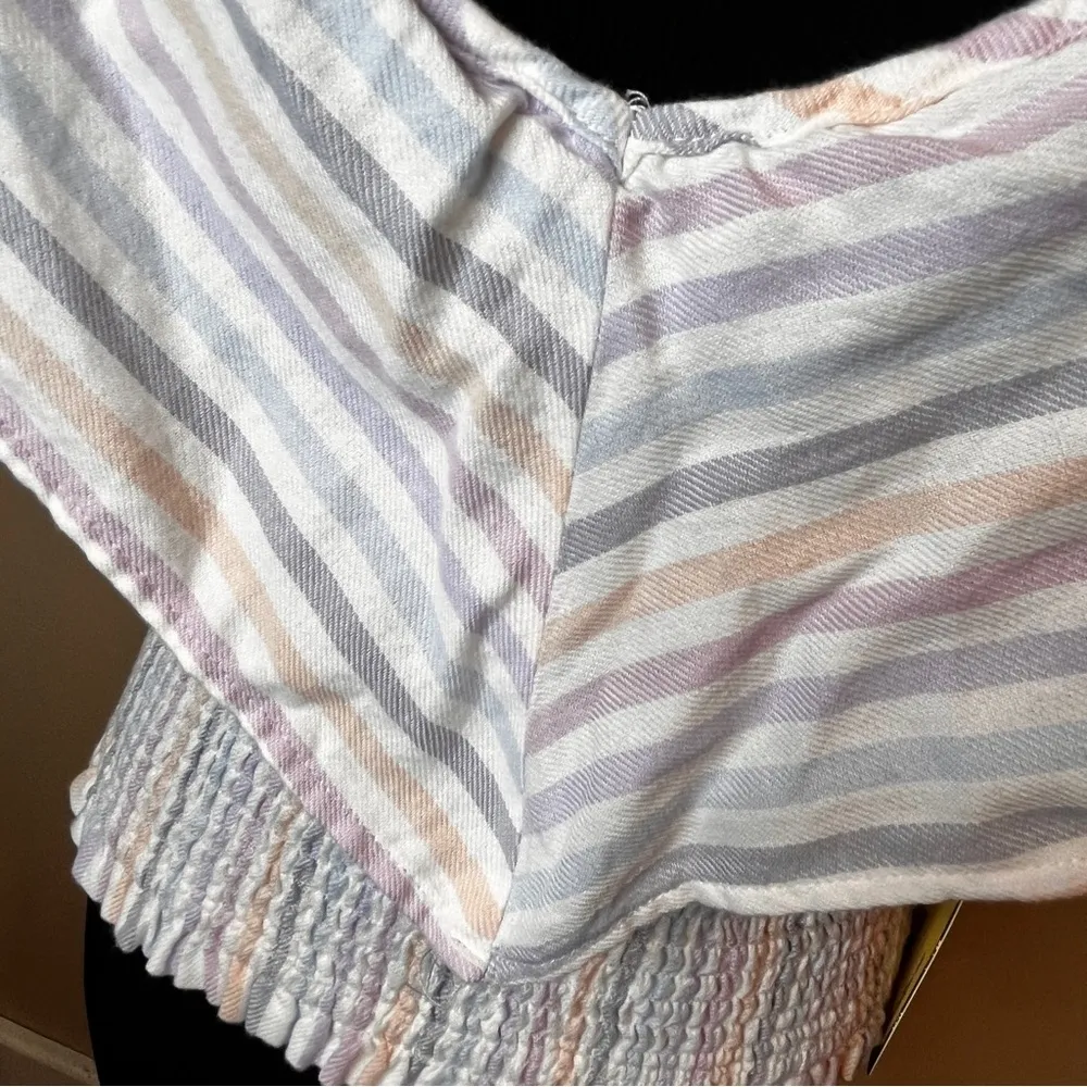 Vintage Havana Pastel Striped Shirred Waist Ruffle crop Top Size M Smocked White Size M - Image 2