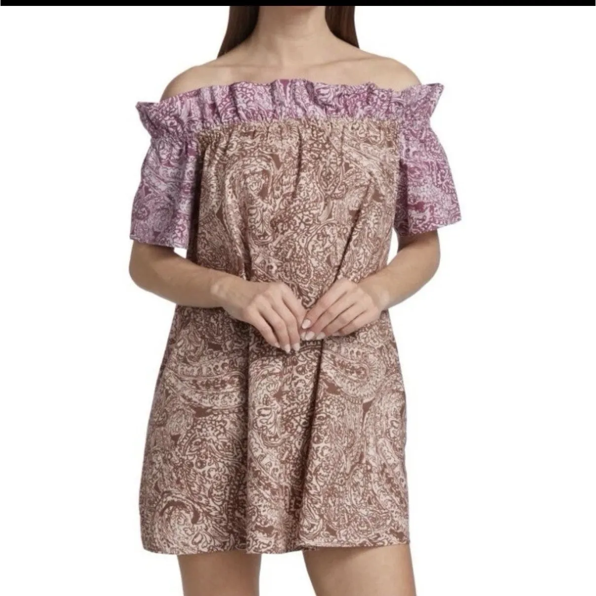 Free People Sophie Paisley Cotton Mini Dress XL Brown Purple Boho Chic Festival - Image 4
