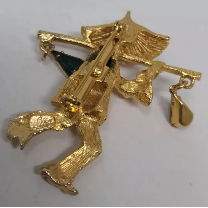 Vintage Brooch Asian Water Carrier With Red And Green Rhinestones Gold - Image 2