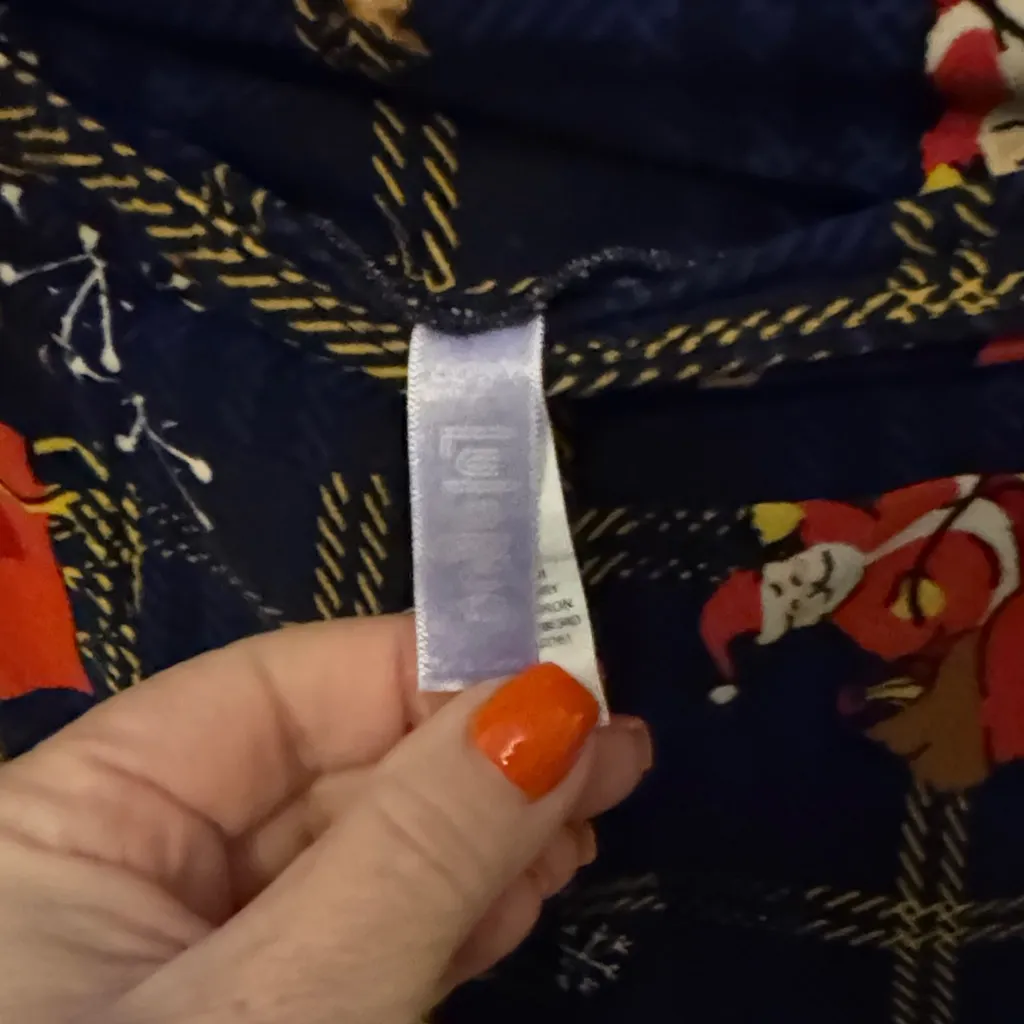 LuLaRoe Navy Plaid Leggings with Santa Print - Image 2