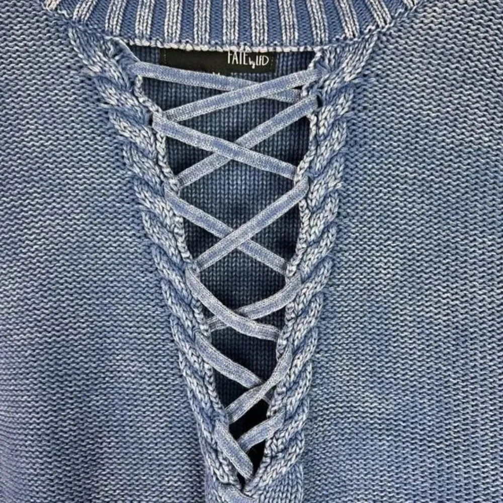 Fate by LFD Garment Dyed Caged Neckline Sweater Blue Fall Size Medium M EUC - Image 6