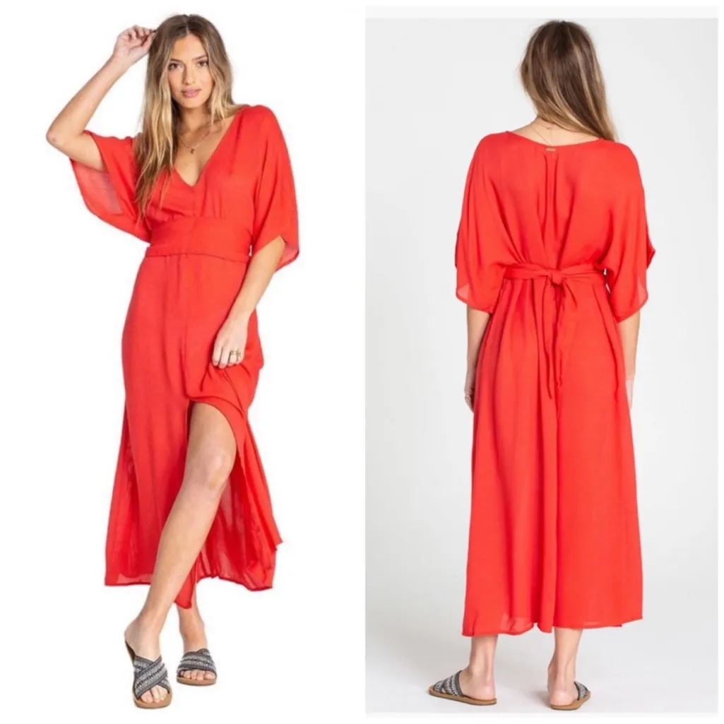 Billabong Forever Fine Midi Kimono Caftan Dress Coral Red V-Neck Size S - Image 2