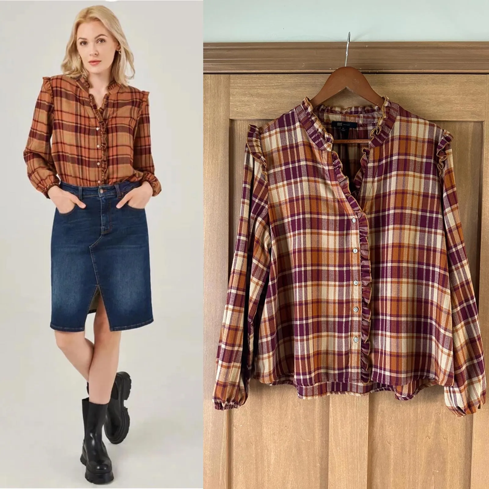 Frye Ruffle Plaid Flannel Button Down Blouse Women’s size XL - Image 2