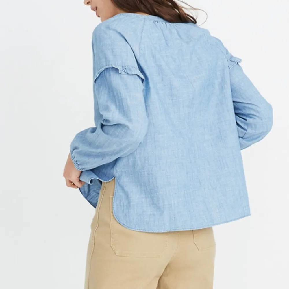 Madewell Denim Collarless Ruffle-Sleeve Shirt size XS - Image 12