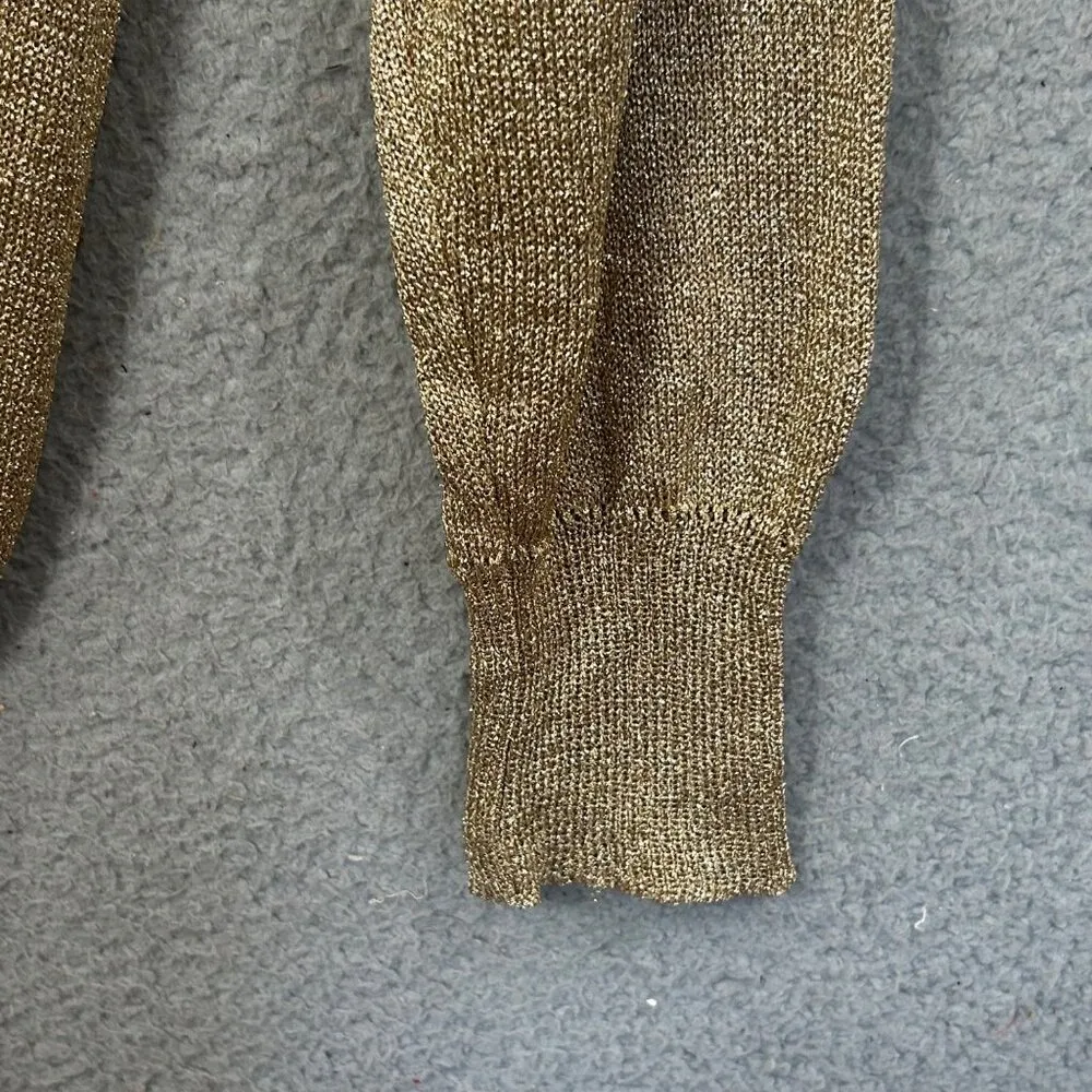 Womens Top Medium Gold Metallic Knit Long Sleeve Collared Pullover Holiday Party - Image 7