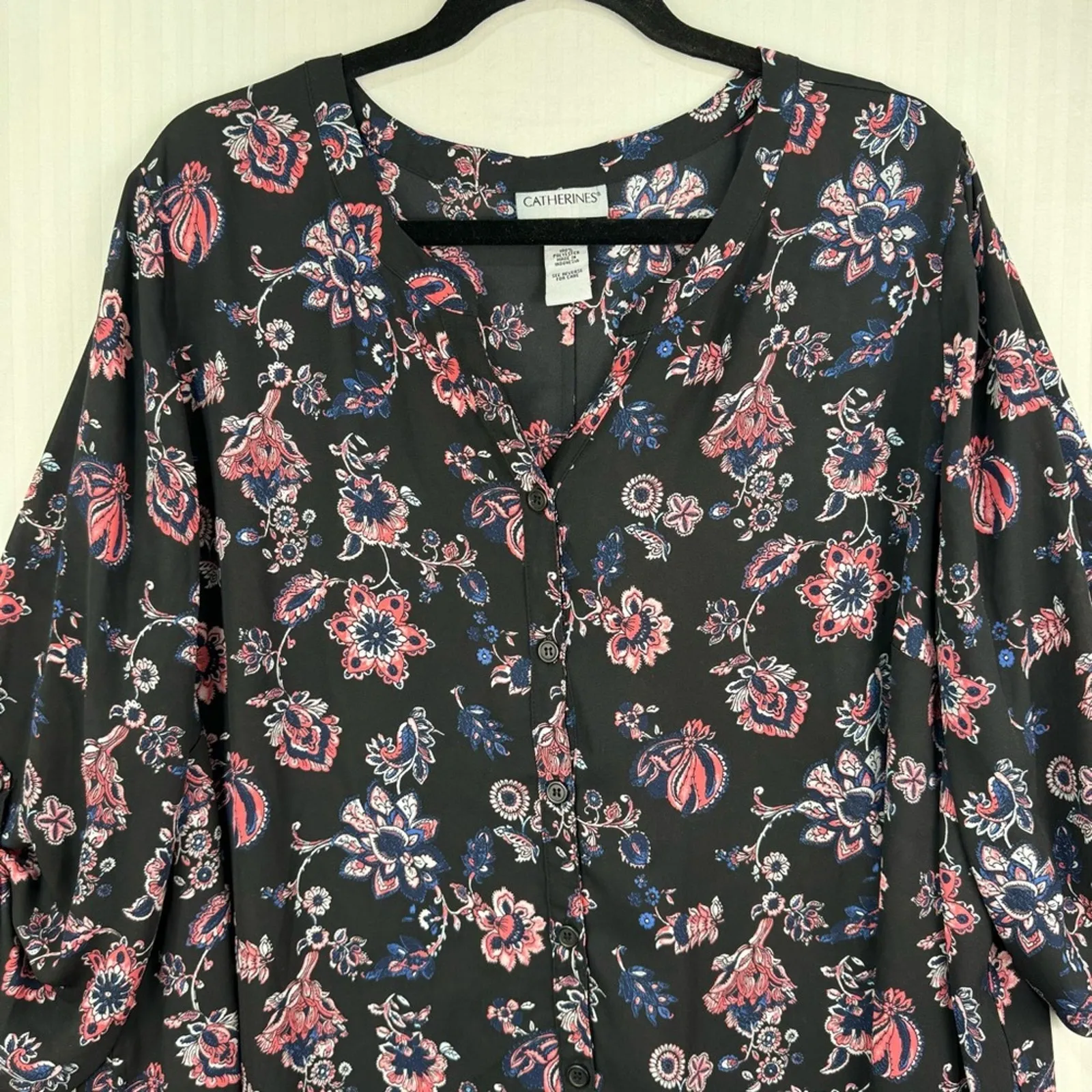 Catherine’s Black Peasant Blouse Women 2X Sheer Button Up Boho Chic Pink Floral - Image 7