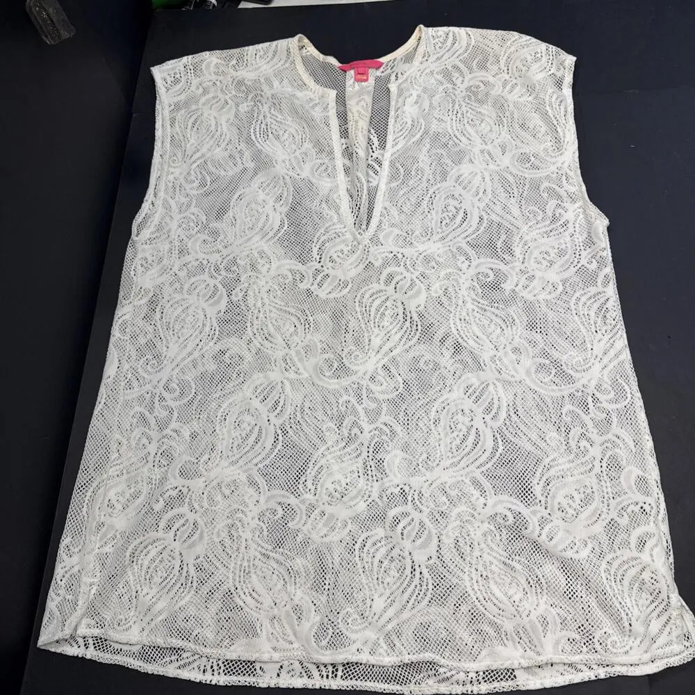 Lilly Pulitzer Luxury Minimalist Swim Bathing Suit Cover Up White Crochet S - Image 9