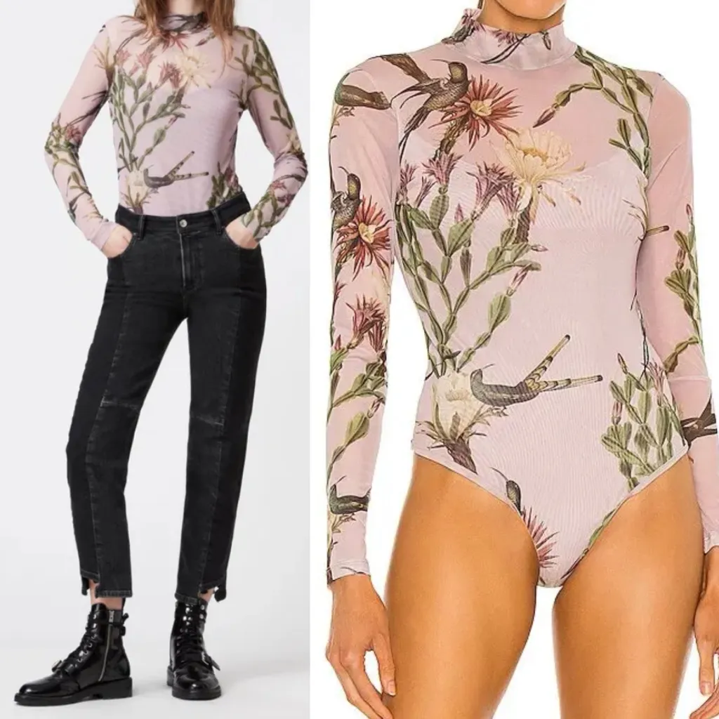 All Saints Nolina Elia Bodysuit Plaster Pink Bird Floral Print Mesh - Image 2
