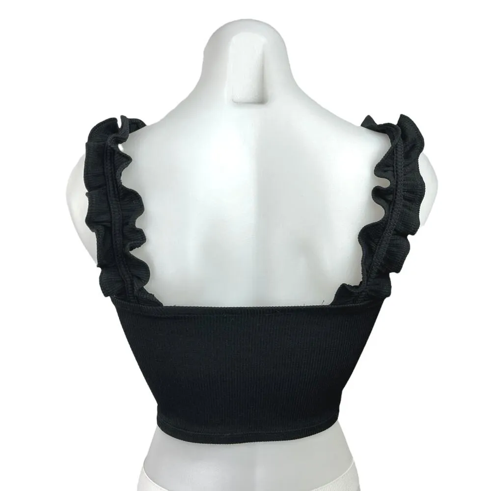Zara Black Ribbed Knit Square Neck Ruffle Strap Sleeveless Tank Crop Top Size S - Image 2