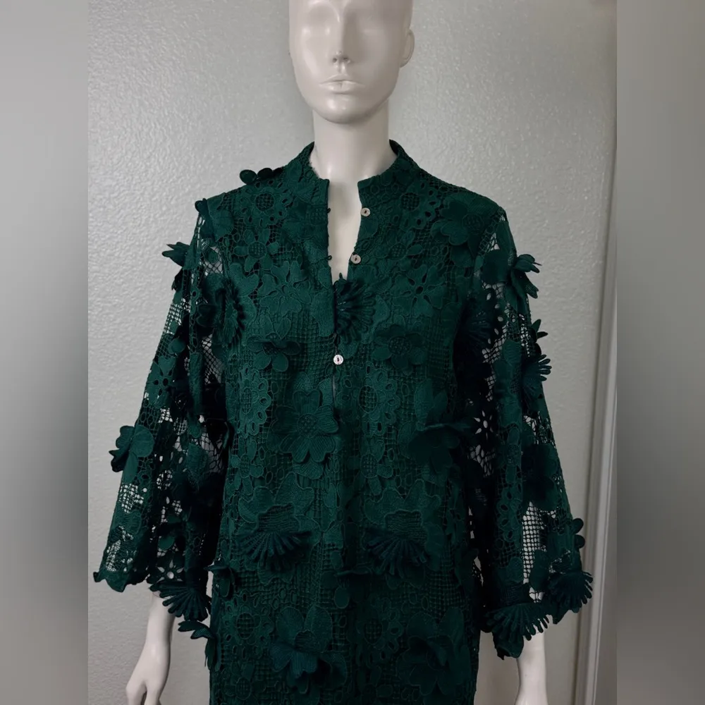 J.Marie Seraphina 3D Floral Green Lace Applique Button Down Midi Dress XS D8 - Image 9