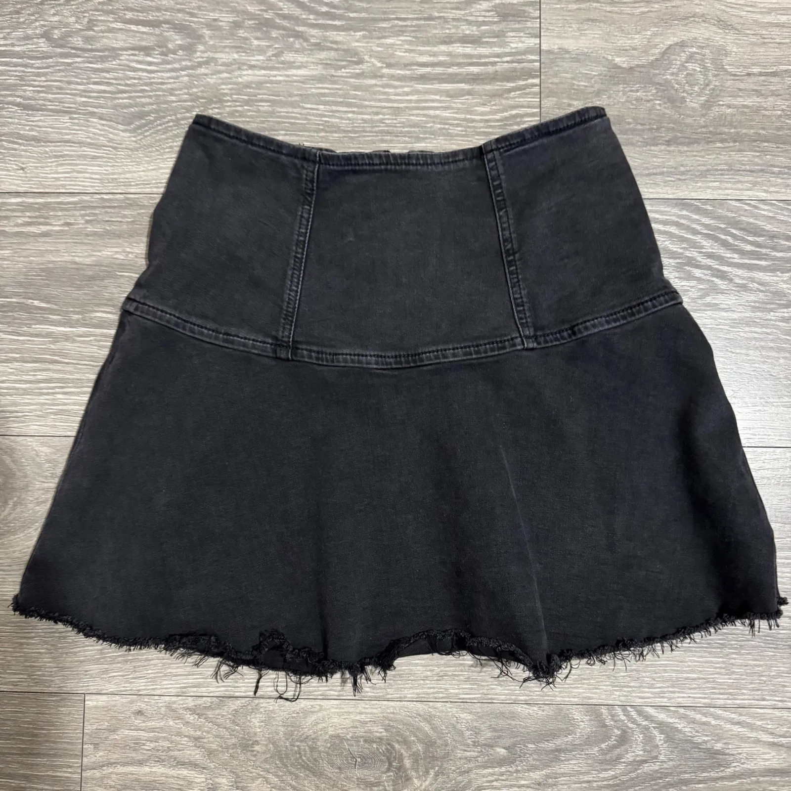 Free People Black Highlands Washed Denim A Line Mini Skirt Distressed Raw Hem 0 - Image 8
