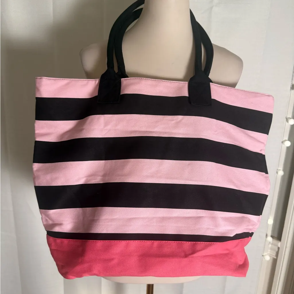 Victoria’s Secret Striped Tote Bag – Pink & Black Canvas Large Shoulder Bag - Image 2
