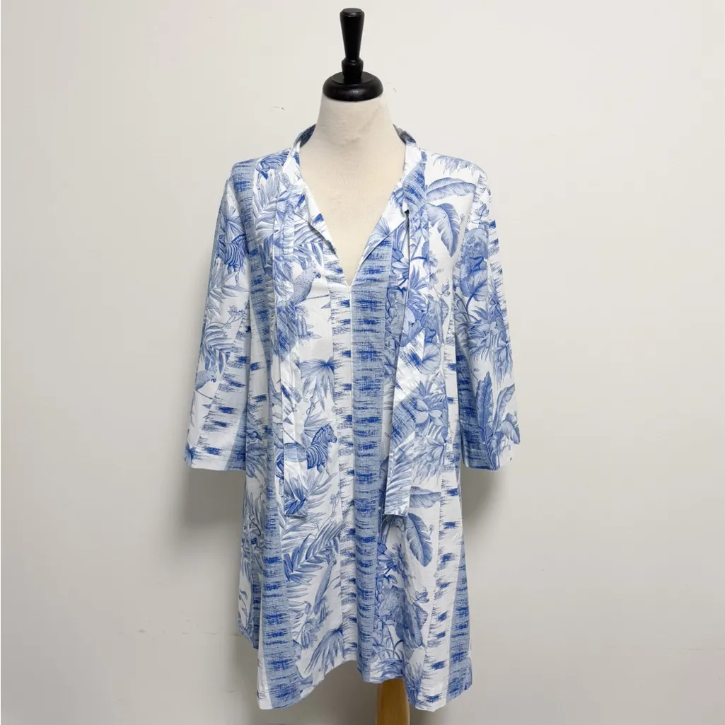 Tuckernuck Blue White Safari Toile 3/4 Sleeve Tie Neck A Line Mini Dress Large - Image 3