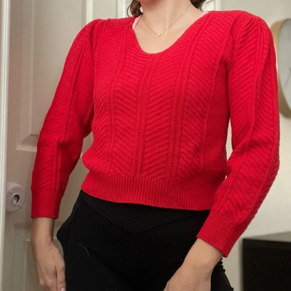 Vintage‎ 70s Rib Knit Sweater Top Cropped Size Small Red Puff Sleeve - Image 5