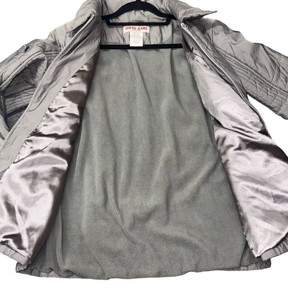 Vintage Guess Women's Quilted Logo Jacket With Pockets & Zippers Silver  SM-Med - Image 7