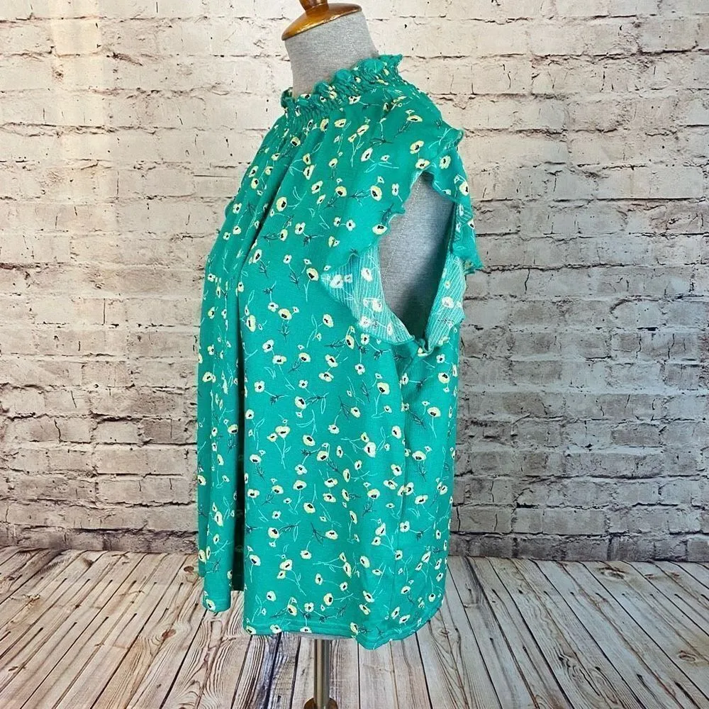 Melloday Green Floral High Neck Flutter Cap Sleeve Loose Fit Top Blouse Size XL - Image 3