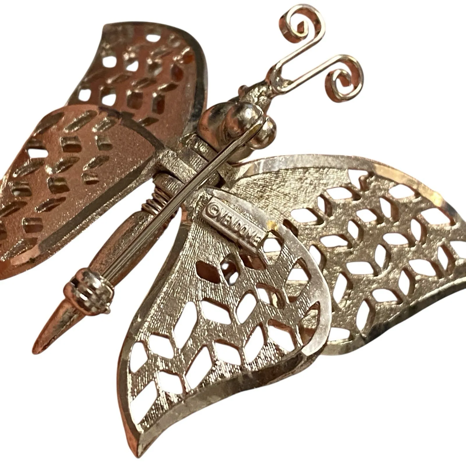 VENDOME Vtg Butterfly Brooch Pin Articulated Wings movable Silvertone Old Money - Image 5