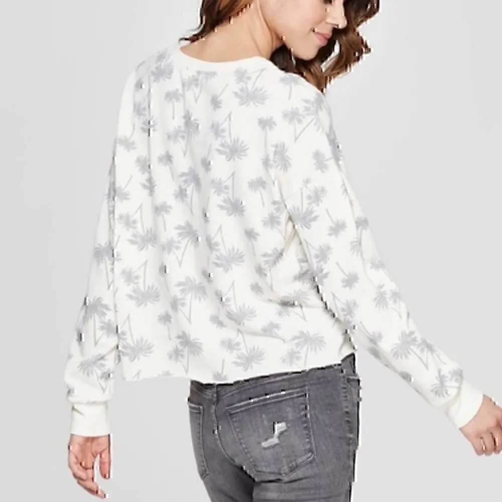 ZOE LIV Cream Beige Gray Palm Tree Cropped Boxy Pullover Crewneck Sweatshirt S - Image 3