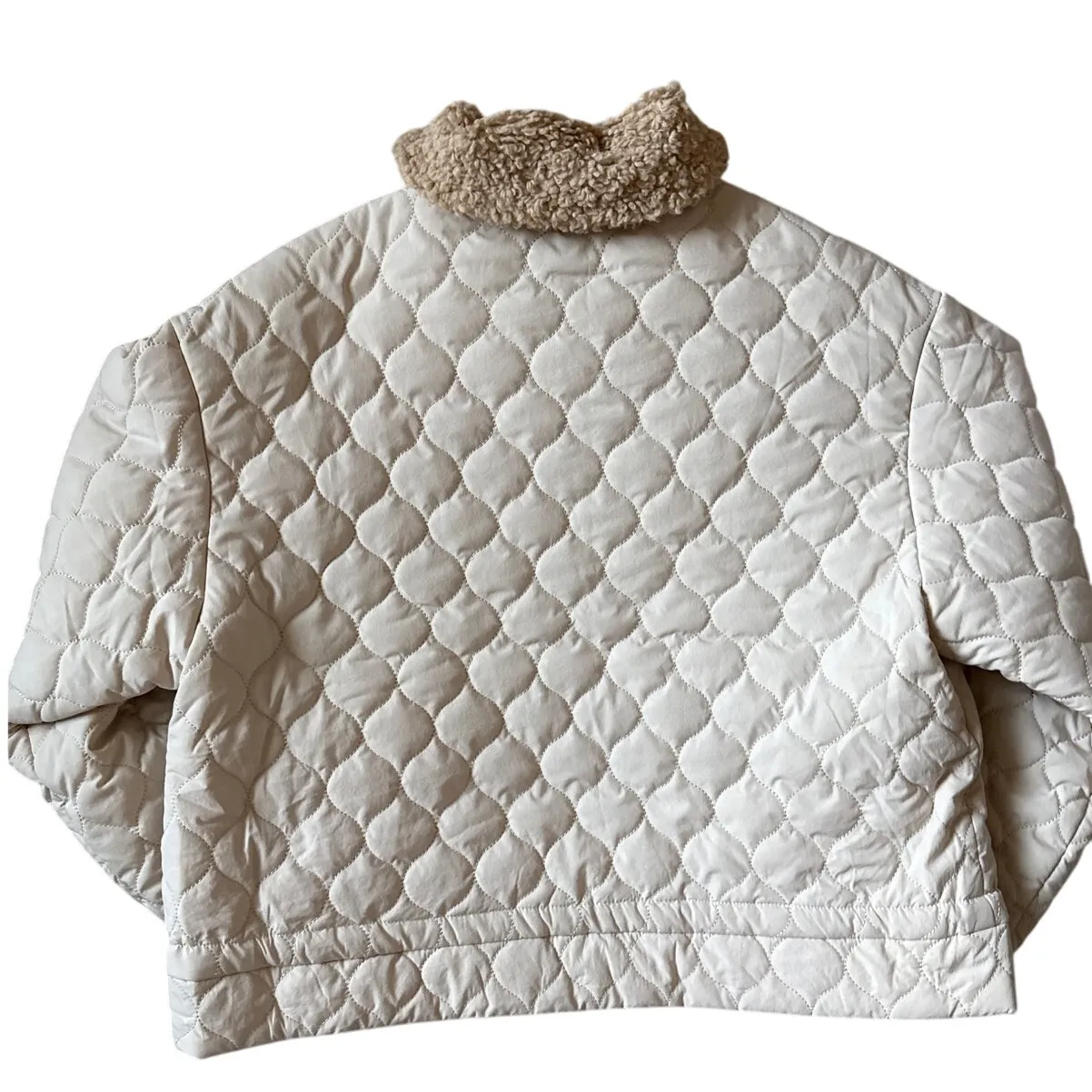 Bohme Quilted Faux Fur Collar Snap Jacket With Tie Waist Cream Size Large - Image 10