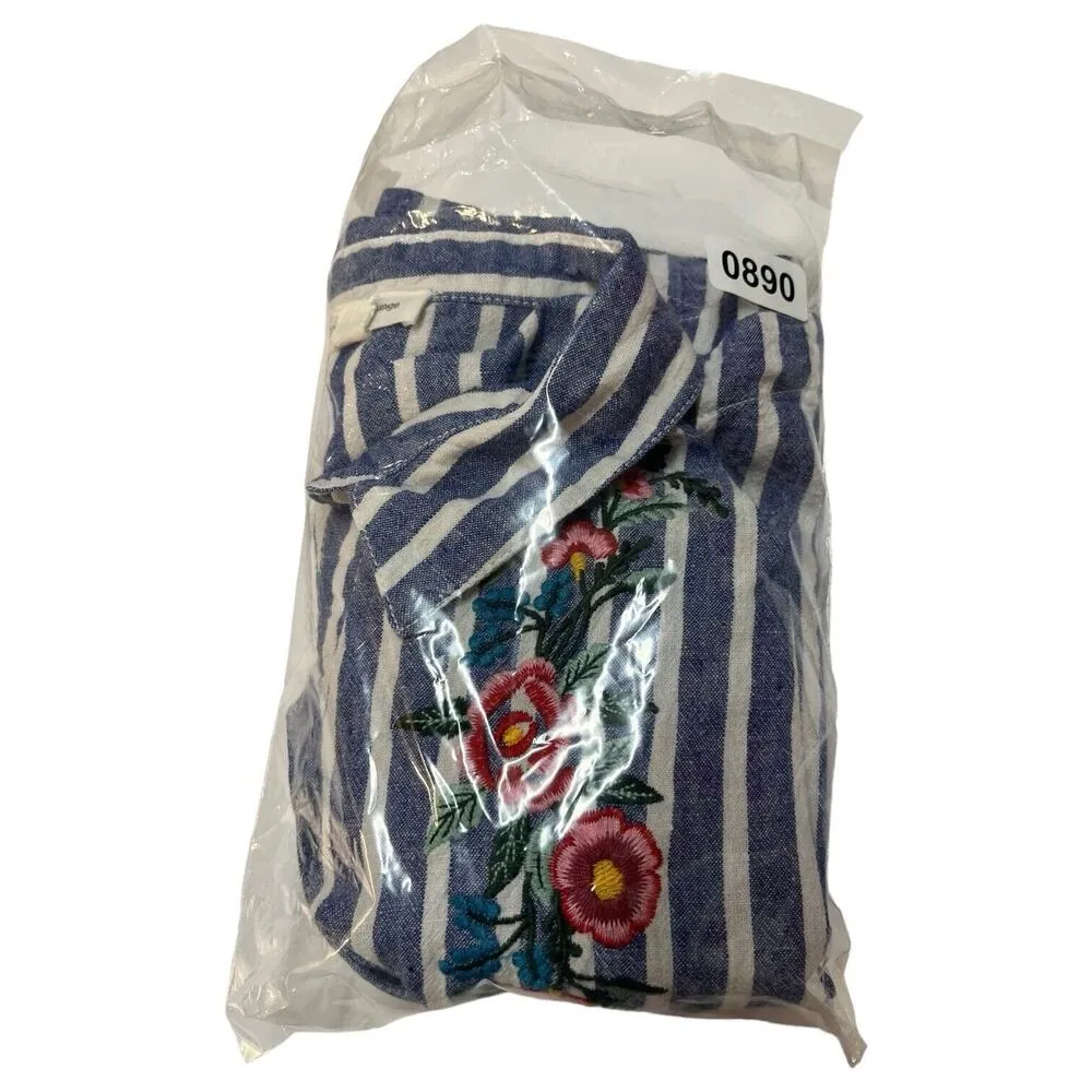 Beach Lunch Lounge Dress Womens L Linen Striped Shirt Embroidered Floral Blue - Image 12