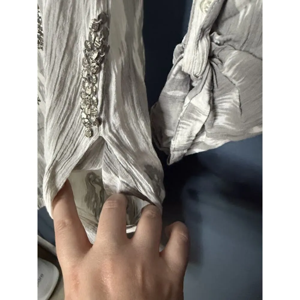 Swim Cover Up Geometric Grey White Gem Embellished Lightweight Sheer Roll Sleeve Size M - Image 6