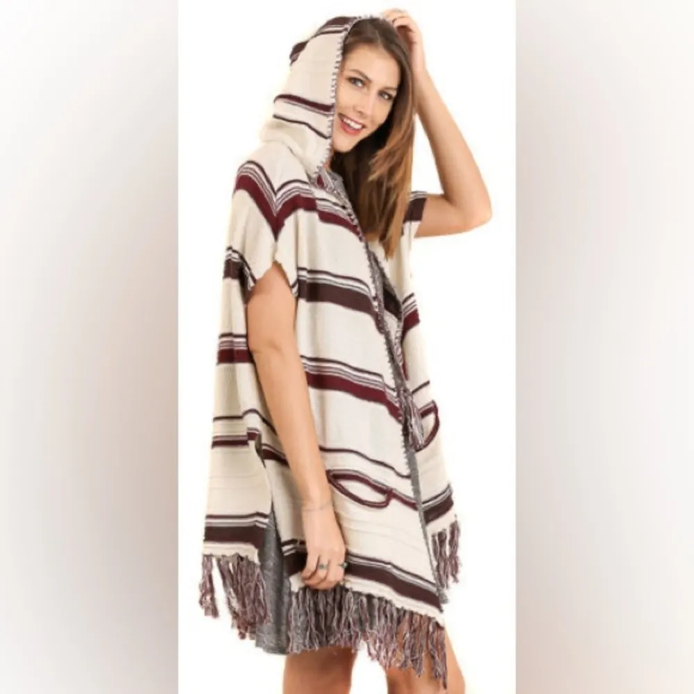 Umgee Women's Burgundy Cream Hooded Chic Boho Bohemian Tribal Wrap Cardigan NWOT - Image 10