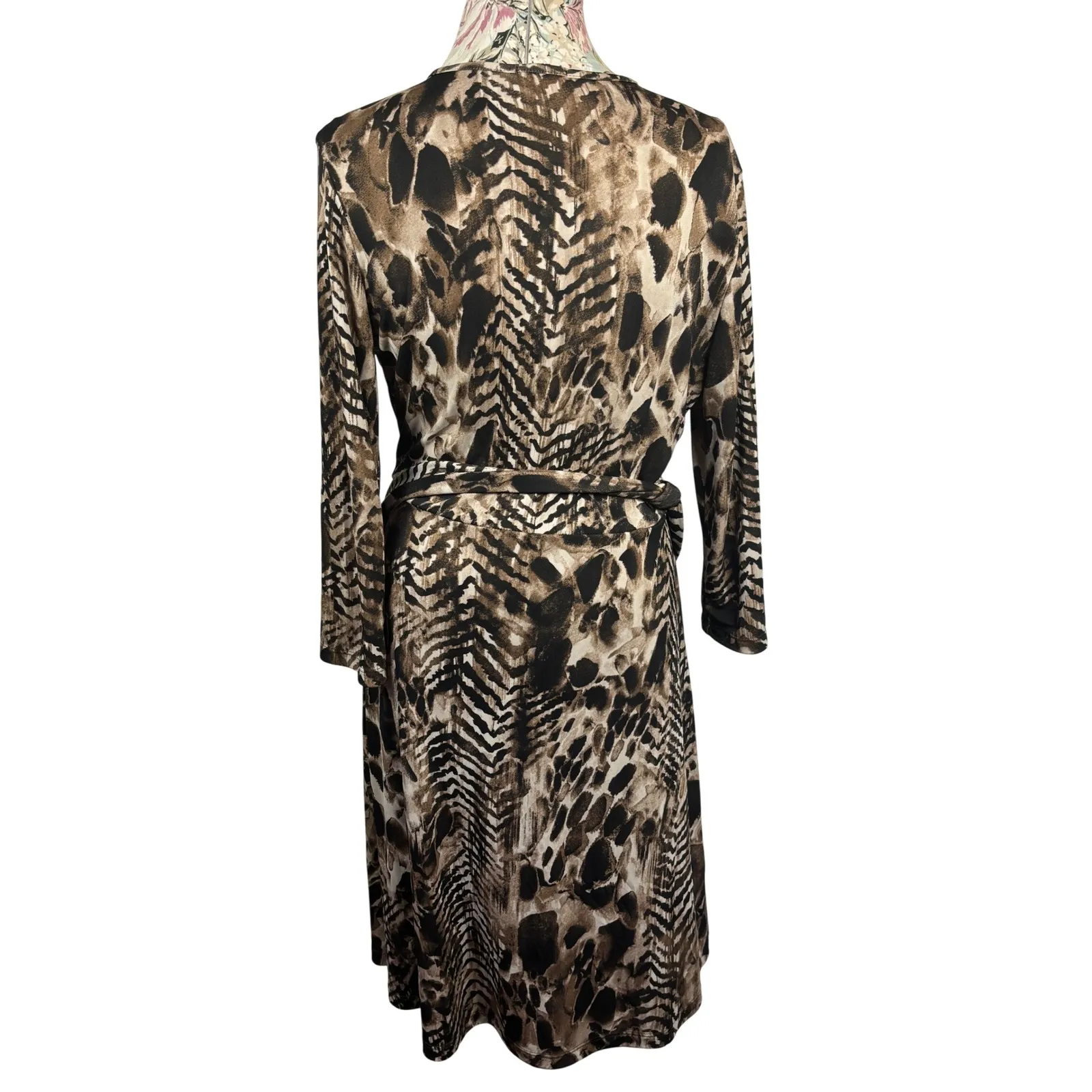 Chicos Faux Wrap Dress Sz Medium Animal Print Long Sleeve Belted Midi Slinky Brown - Image 2