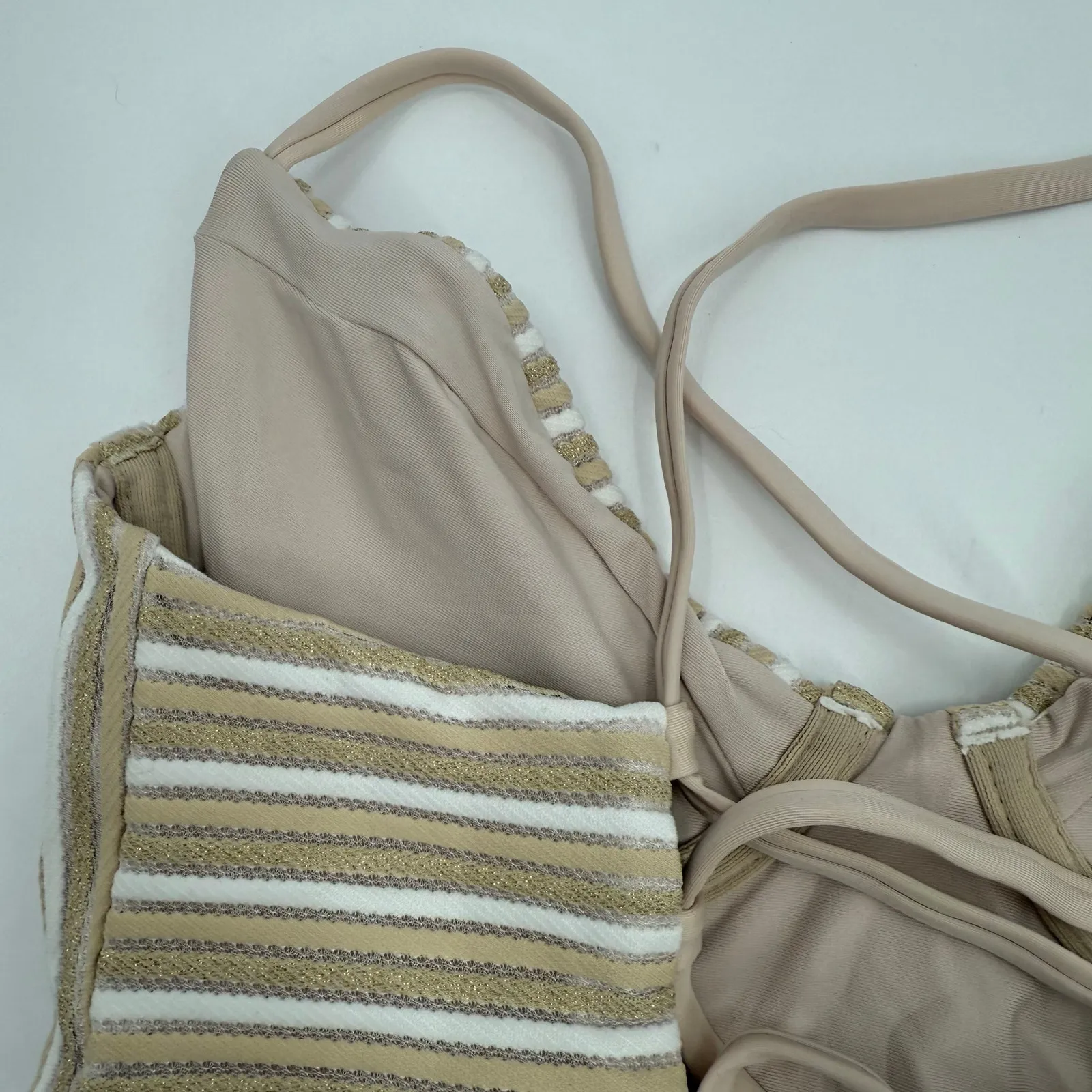 PQ SWIM PILYQ Bikini Top Size Large Corset Bralette NWT New Earth Stripe Swim Tan - Image 13