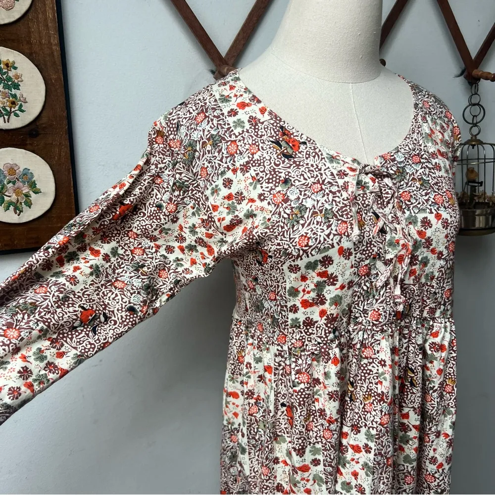 Vintage 90s Patchwork Floral Babydoll Dress Small Tan - Image 4
