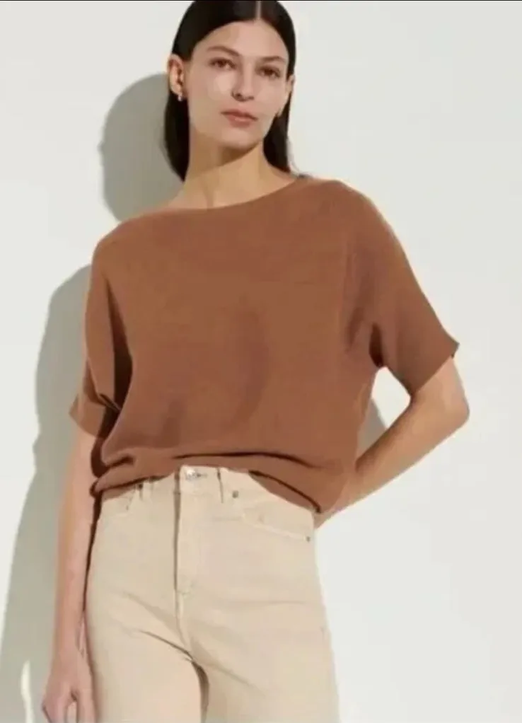 The Reset Oversized Essential pullover ribbed Cotton Linen Blend Sweater Tan S/M Size M - Image 2