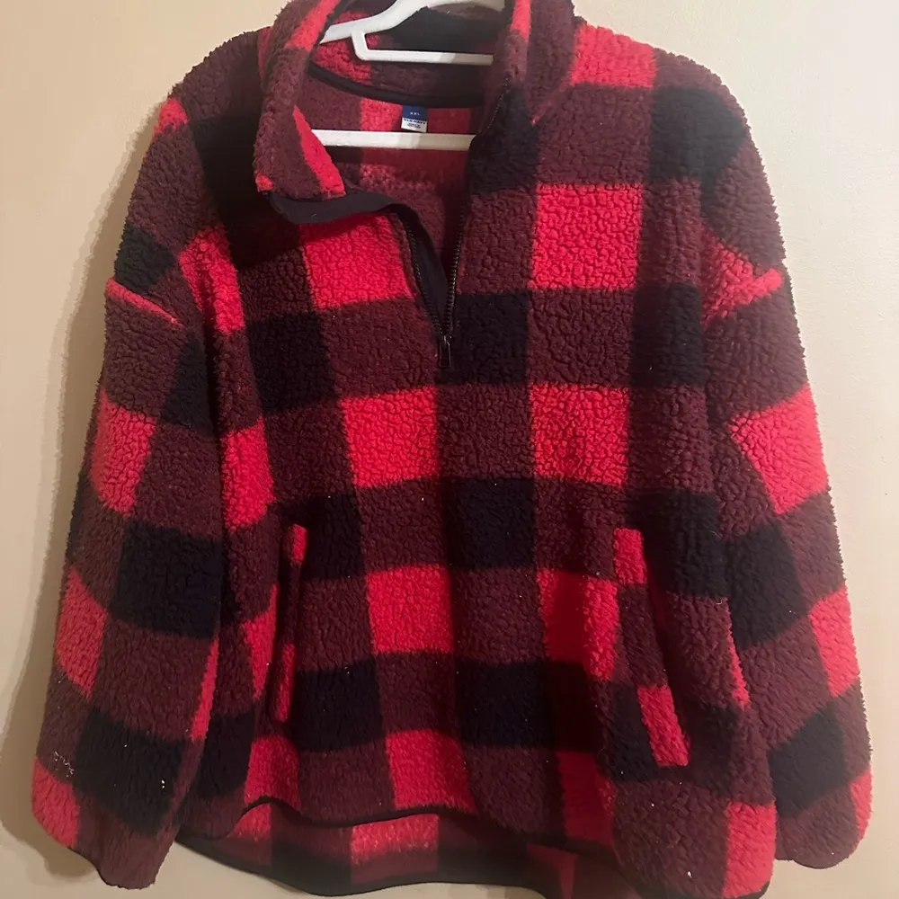 Red Black Plaid 1/4 Zip Sherpa Pullover - Image 3