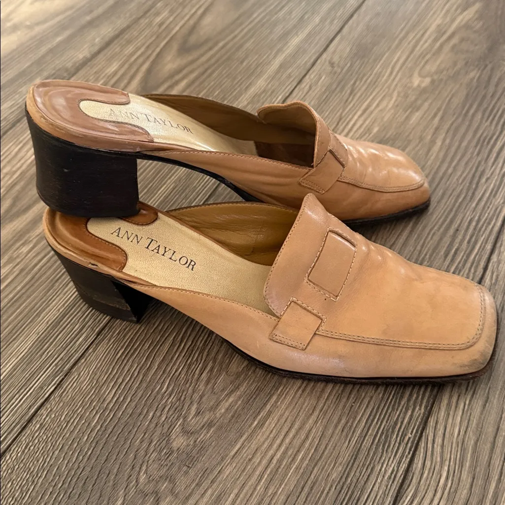 Ann Taylor Leather Sole slip on mule heel earthy tan size 8.5 square toe - Image 8