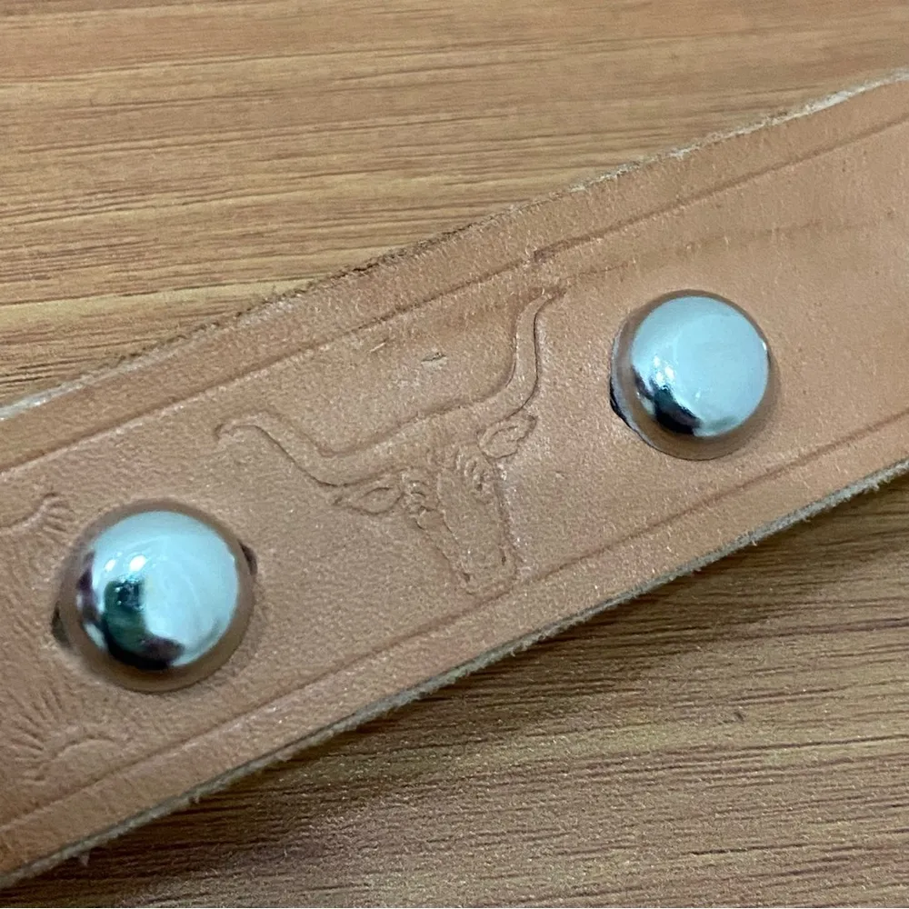 JP Long Horn Studded Brown Leather Gold Buckle Belt Waist 28” - Image 8