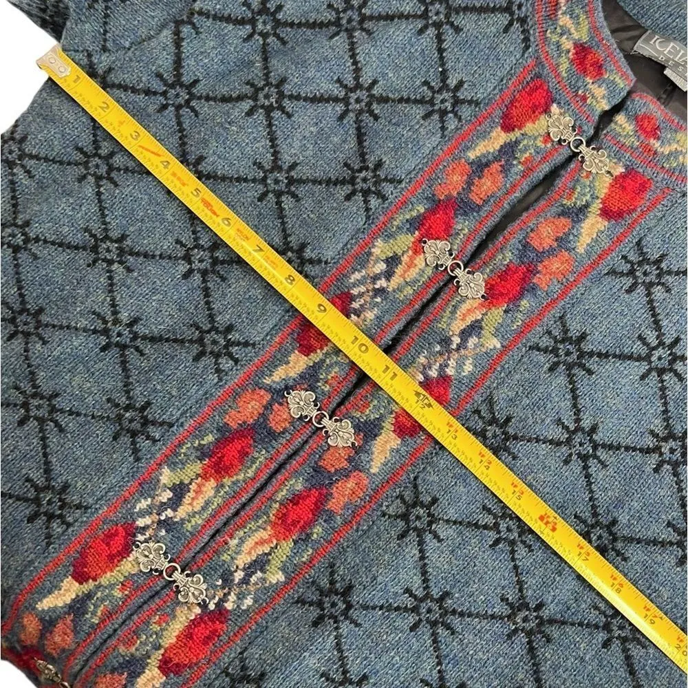 Vintage Icelandic Design Floral Embroidery Wool Cardigan Sweater Blue Size M - Image 9