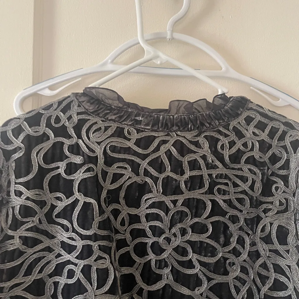 VTG CHICO Grey Metallic floral JACKET Blazer Bohemian Ruffle Artisan Sz 2 - Image 10