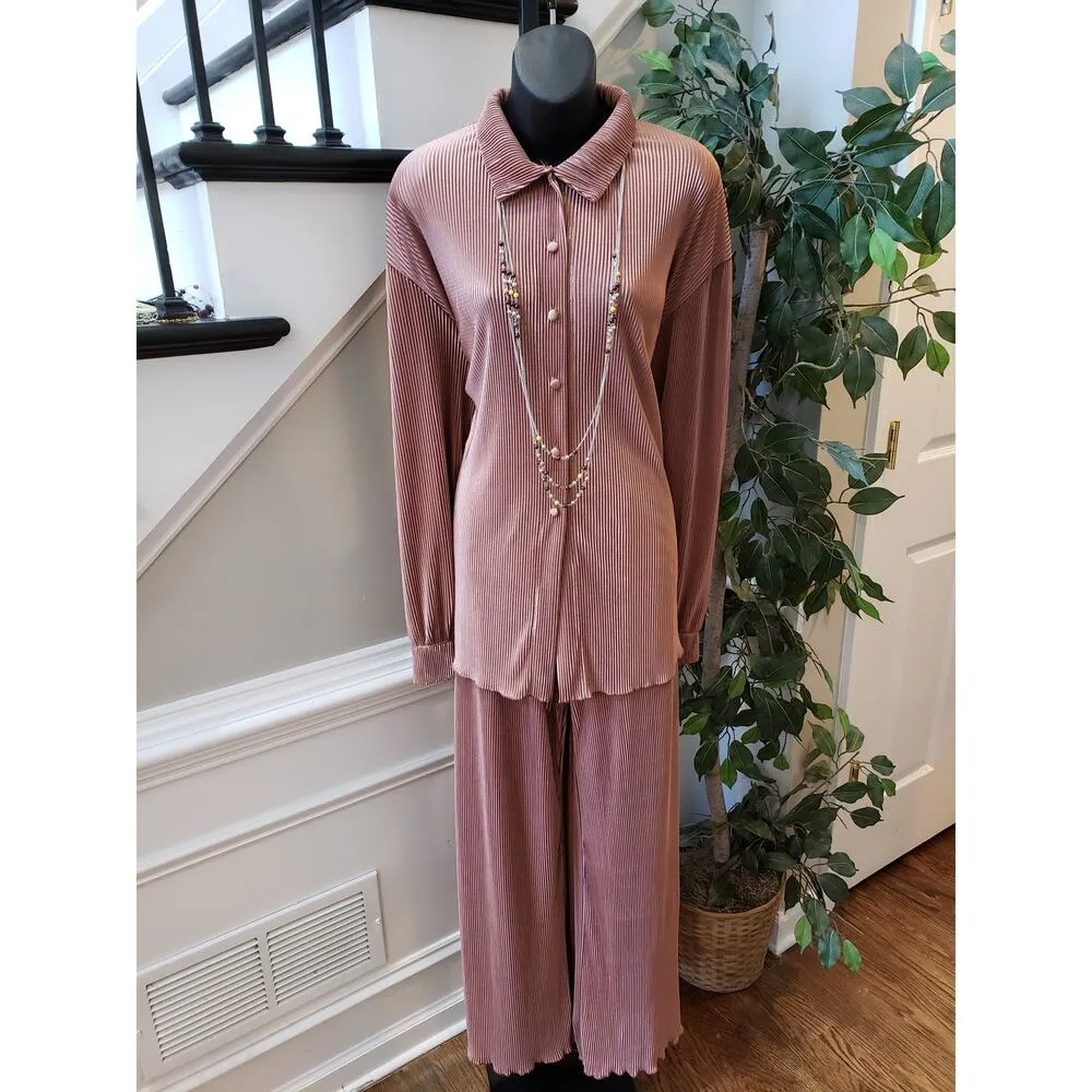 Women Pleated Lounge Set XL Pink Long Sleeve Button Top Wide Leg Pants 2 Piece - Image 2
