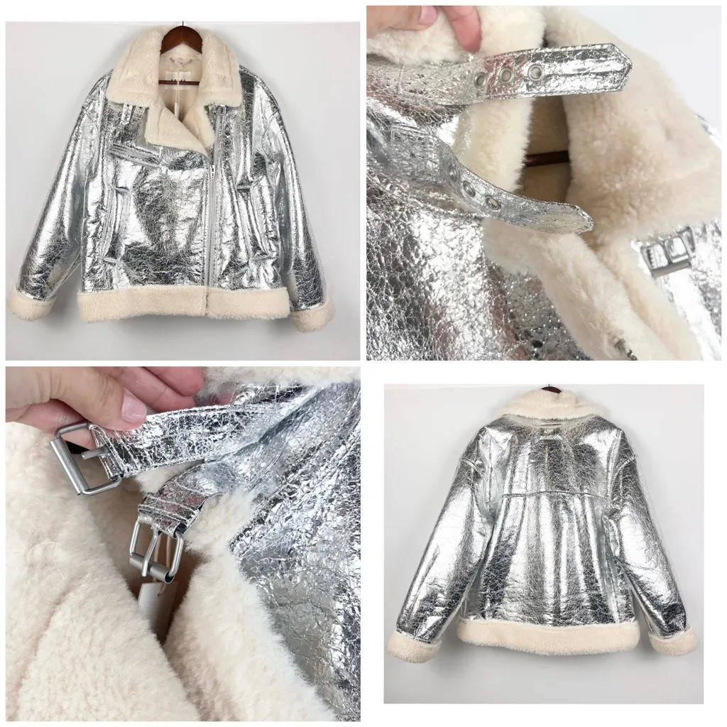 BLANK NYC Silver Metallic Faux Shearling Aviator Jacket Cozy Moto Zip SZ L - Image 5