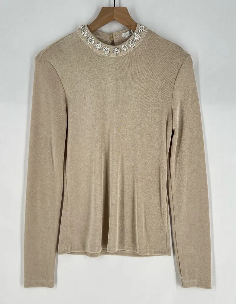 Endless Rose Metallic Gold Stretch Jersey Liquid Knit Embellished Neck Top M - Image 1