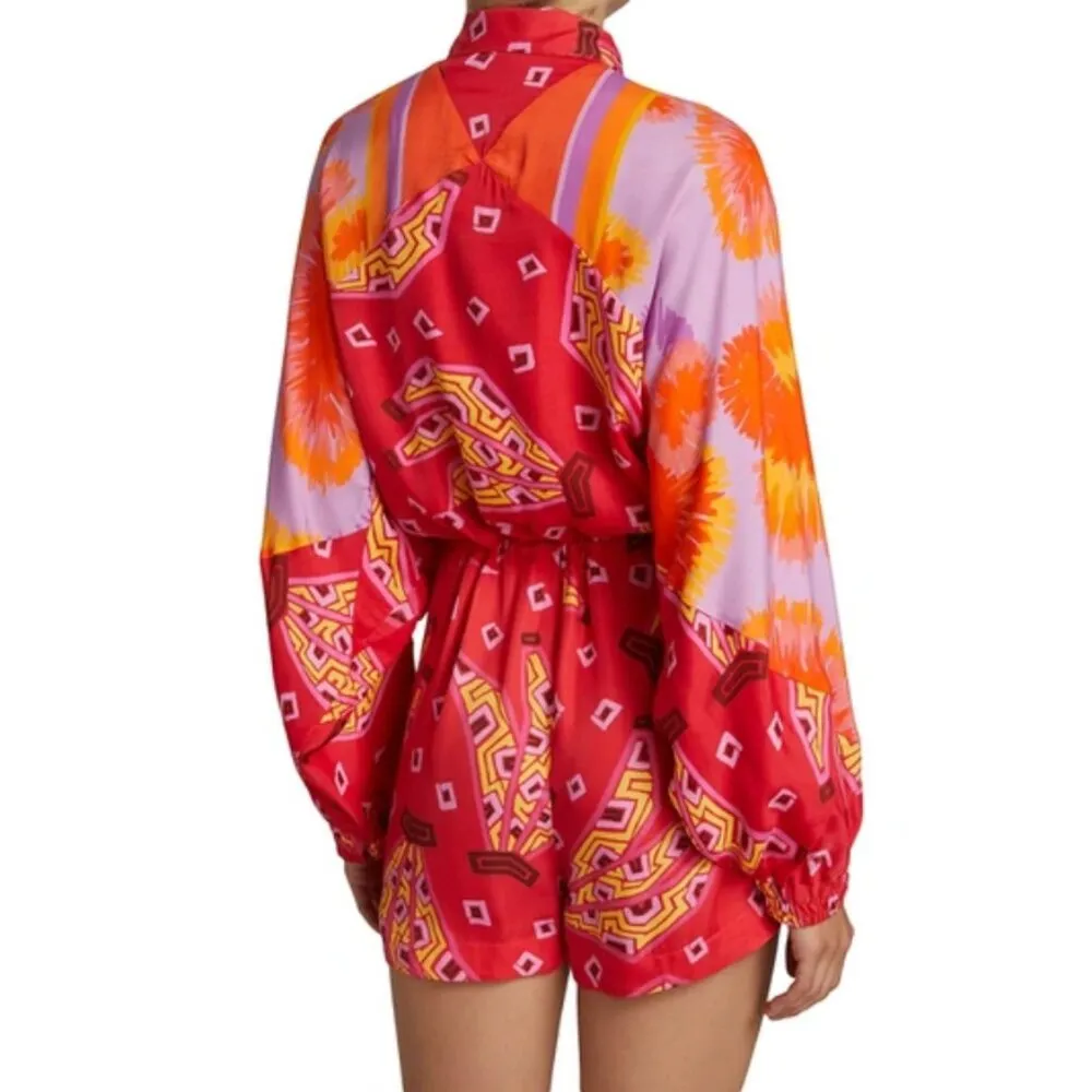 💕FARM RIO💕 Red Tiki Bananas Scarf Sleeve Romper ~ Tie Dye Cashew Small S NWT - Image 10